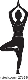 A person performing tree pose variation in yoga attire with arms raised in prayer position silhouette vector icon