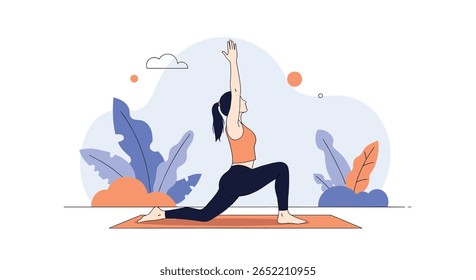 A person performing a warrior yoga pose on a mat with plants in the background