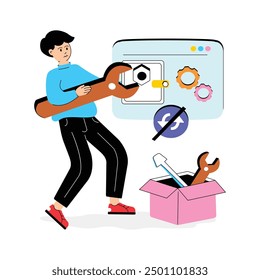 Una persona que realiza el mantenimiento del Sitio web con herramientas y engranajes. Ilustración de desarrollo de Web