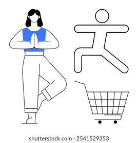 A person performing a yoga pose stands next to a minimalistic shopping cart and an active movement person symbol. Ideal for fitness, wellness, shopping, activity, modern lifestyle themes. Bold, clean