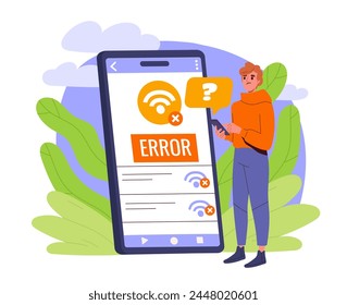 Una persona perpleja por un Mensaje de error en una enorme pantalla de teléfono inteligente, Ilustración vectorial en un fondo natural, frondoso, concepto de problemas de tecnología. Ilustración vectorial