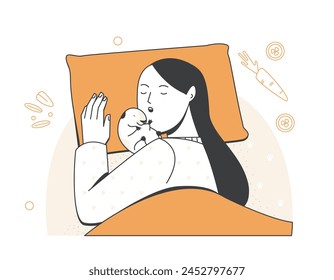 Person and pet. Girl sleeps with her cute little hamster. Character cares and loves animal. Pet owner portrait with fluffy rodent. Cartoon outline vector illustration isolated on white background