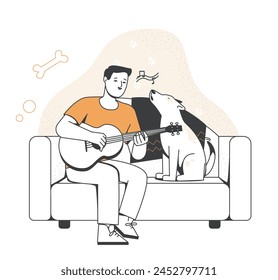 Person and pet. Happy dog owner playing guitar and singing with his pet. Portrait of character with adorable puppy. Caring for animal. Cartoon outline vector illustration isolated on white background