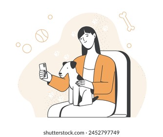 Person and pet. Happy girl taking photo with her adorable puppy. Cute dog owner takes selfie on smartphone. Love and care for animal. Cartoon outline vector illustration isolated on white background