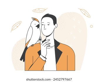 Persona y mascota. Hombre sonriente feliz con el loro adorable en su hombro. Retrato de personaje con pájaro de plumas. Amor por los animales. Ilustración vectorial de contorno de dibujos animados aislada sobre fondo blanco