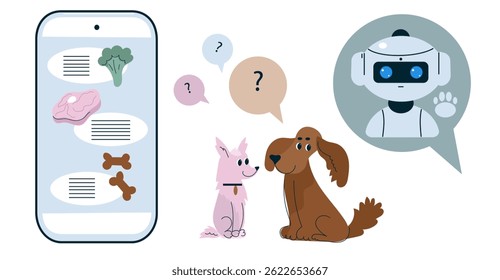 Person Pet owner asking artificial intelligence robot consultant about nutrition for dog. Online veterinary service. Cartoon flat vector set illustration.