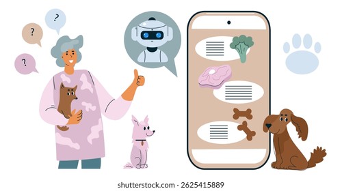 Person Pet owner asking artificial intelligence robot consultant about nutrition for dog. Online veterinary service. Cartoon flat vector set illustration.