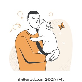 Person and pet. Portrait of happy cat owner. Smiling man holding and hugging his fluffy kitten. Character loves and cares for animal. Cartoon outline vector illustration isolated on white background