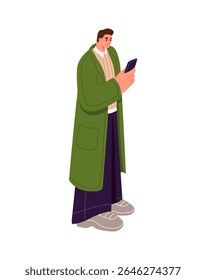 Person with phone addiction texting, scrolls social networks. Sad man in coat stands, holds, uses smartphone. Upset character looks at telephone screen. Flat isolated vector illustration on white