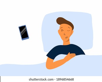 Person with a phone in the bed. Modern life with a smartphone. Distract from sleep. Annoying notifications
