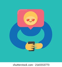 A person with a phone in his hands who puts a like or a smiley. Vector illustration.
