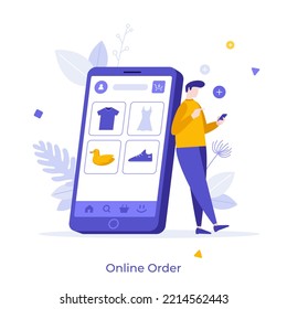 Person with phone leaning on giant smartphone with apparel store on screen. Concept of making online order, mobile application for buying clothes at internet shop. Modern flat vector illustration.