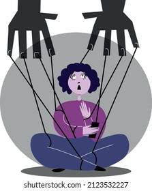 Persona con un teléfono atado con cuerdas negras a manos gigantes como una marioneta influenciada por la tecnología