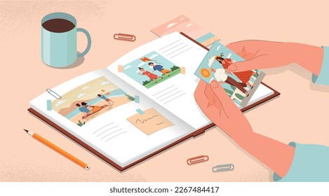 Person with photo album. Character fills diary with memories. Womens hands with photographs and clips. Open photoalbum, nostalgic snapshots on pages, scrapbook. Cartoon flat vector illustration