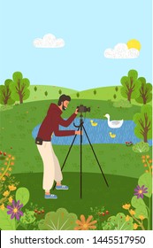 Person with photo camera on nature vector, character using stand for photocamera. Photographer taking pics of pond lake with swimming swans, trees and bushes