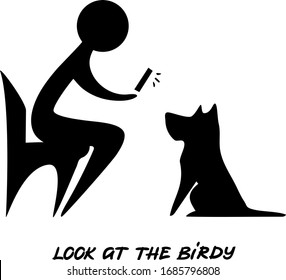 Person photographs a dog, vector silhouette of a sitting human and a sitting dog waiting for a bird to fly out, a dog owner takes photos, common situation with a pet and smartphone, look at the birdy 