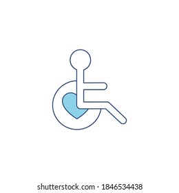 Person with a physical disability symbol. Vector illustration isolated on white background. Voluntary, charity, donation line blue icon.