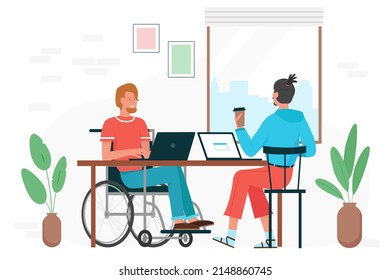 Person with physical disability working in office. Team engagement and effective teamwork ability flat vector illustration