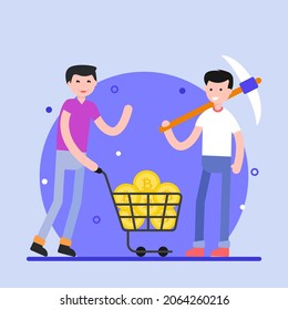 Person with pickaxe and bitcoin trolley, concept of cryptocurrency mining flat illustration 