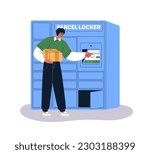 Person picking box at self-service parcel locker, post delivery machine with package storage cabinets and screen. Postal order terminal. Flat graphic vector illustration isolated on white background