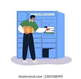 Person picking box at self-service parcel locker, post delivery machine with package storage cabinets and screen. Postal order terminal. Flat graphic vector illustration isolated on white background