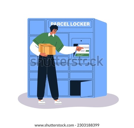 Person picking box at self-service parcel locker, post delivery machine with package storage cabinets and screen. Postal order terminal. Flat graphic vector illustration isolated on white background