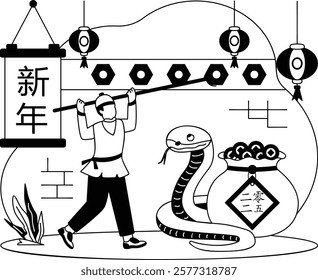 Person picking up gold coin from Pot vase vector design, Chinese New Years Beginnings scene, Wood Snake 2025 banner, China Spring Festival illustration, sixth animal in the Chinese zodiac concept