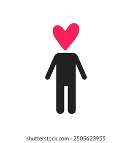 person with pink heart instead head. simple graphic design element in flat minimal style. stick figure man in love or romantic mood in happy carefree life