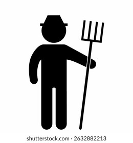 Person with pitchfork, farmer, man, black silhouette, agricultural tool, web vector icon, symbol