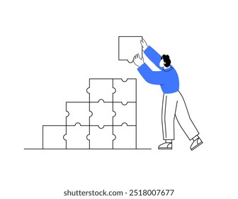 Person places jigsaw puzzle piece onto stack of connected pieces signifying teamwork and problem-solving. Ideal for collaboration, strategy, project management, growth, planning. Simple minimal