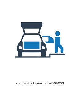 Person, die Box in den Kofferraum des Autos platziert Symbol, Person, die Box in das Symbol des Fahrzeugs lädt