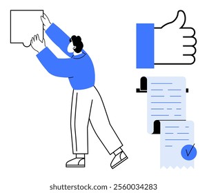 Person placing a frame on wall, next to thumbs-up sign and signed document. Ideal for project approval, quality assurance, completion, achievement, positive feedback. Simplistic vector art style