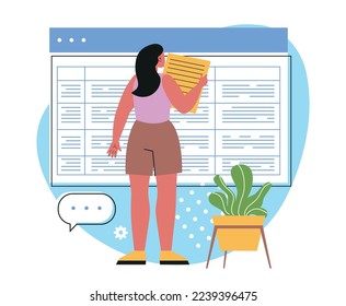 Person plan schedules concept. Young woman entrepreneur holds document and puts business tasks and reminders in planner. Efficient and productive work of employee. Cartoon flat vector illustration