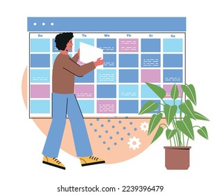 Person plan schedules concept. Young male entrepreneur stands next to large calendar and sets business tasks or reminders. Productivity and time management. Cartoon modern flat vector illustration