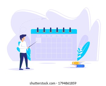 Person planning concept. an entrepreneur plans and fills in a time schedule. Male vector illustration showing business and event schedule that governs office work processes.