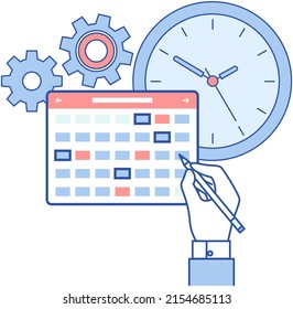 Person planning schedule, agenda planner. Time management, tasks scheduling, calendar, reminder and timetable. Save time and money concept. Employee works to create weekly plan and deal with deadline