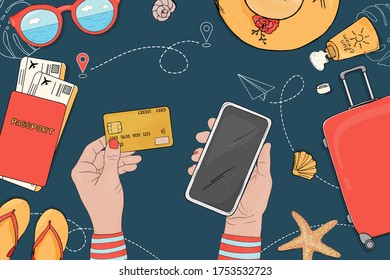 Person plans a trip, orders tickets online by phone, and pays with a credit card. Poster on the theme of summer travel and recreation on a dark blue background. Hand-drawn.