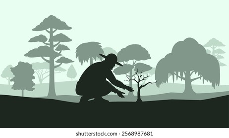 A person is planting a plant in the forest to help the environment. Vector illustration of a gardener planting sapling for reforestation. Afforestation to protect environment by planting small tree