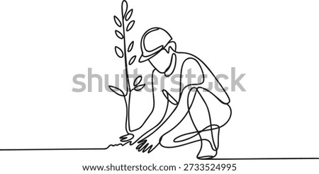 Person planting tree continuous line drawing reforestation concept minimalist style vector art. Gardener working soil young sapling environmental protection global ecology solutions simple outline graphic. Volunteering activity earth day celebration sustainable growth design element.