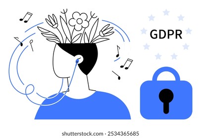 Person with plants and flowers growing from the head listening to music on earphones. Ideal for themes of mindfulness, data privacy, GDPR compliance, mental wellness, and digital security