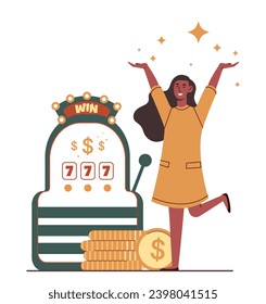 Person playing casino concept. Woman with slot machineand golden coins. Prize for winners. Advertising and marketing. Template and layout. Cartoon flat vector collection isolated on white background