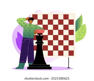 Person playing chess. Man with huge chess piece near board. Board game for logic and intelligence. Planning and strategy development. Hobby and leisure. Flat vector illustration