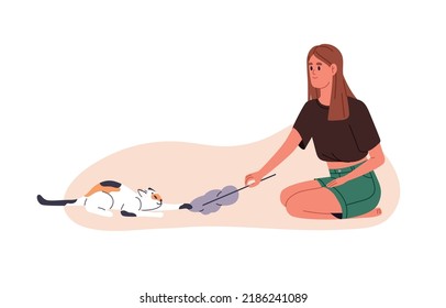 Person playing with cute home cat. Young woman and playful kitty having fun. Happy girl entertaining lively sweet kitten, amusing feline animal. Flat vector illustration isolated on white background