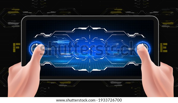 A person playing a game on a smartphone. HUD, GUI\
Modern Aiming System with Device tilt level. Futuristic VR Head-up\
display design. Techno target screen element. VR design for video\
games. Vector