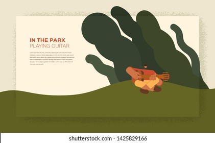 Person playing guitar in the park - flat character vector illustration - summer activities
