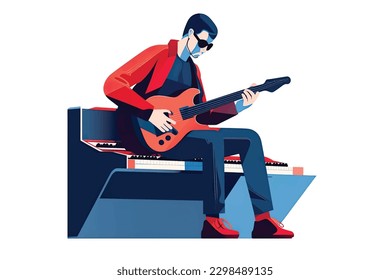 A person playing a musical instrument in a studio or on stage, Flat Vector Illustration 