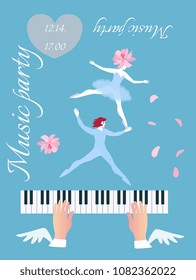 Person playing on grand piano. Hands with wings and little dancing fairy and elf on scy blue background in vector. Invitation card  or musical banner.