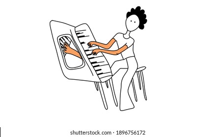 Person playing piano at home during online class. Distance education, self-isolation, online education concept. Outline doodle style