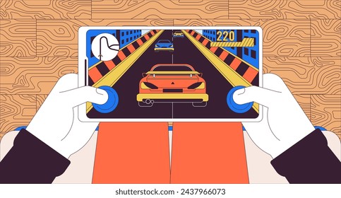 Person playing racing videogame 2D linear illustration concept. Hands holding smartphone with open game background. Mobile gaming hobby cartoon scene metaphor abstract flat vector outline graphic