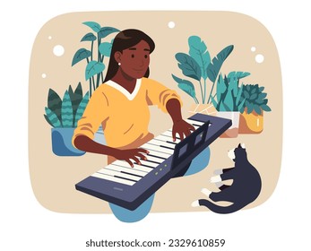 Person playing synthesizer musical instrument. Pianist musician woman playing electronic piano performing music sound at home with cat. Musical performance, hobby concept flat vector illustration